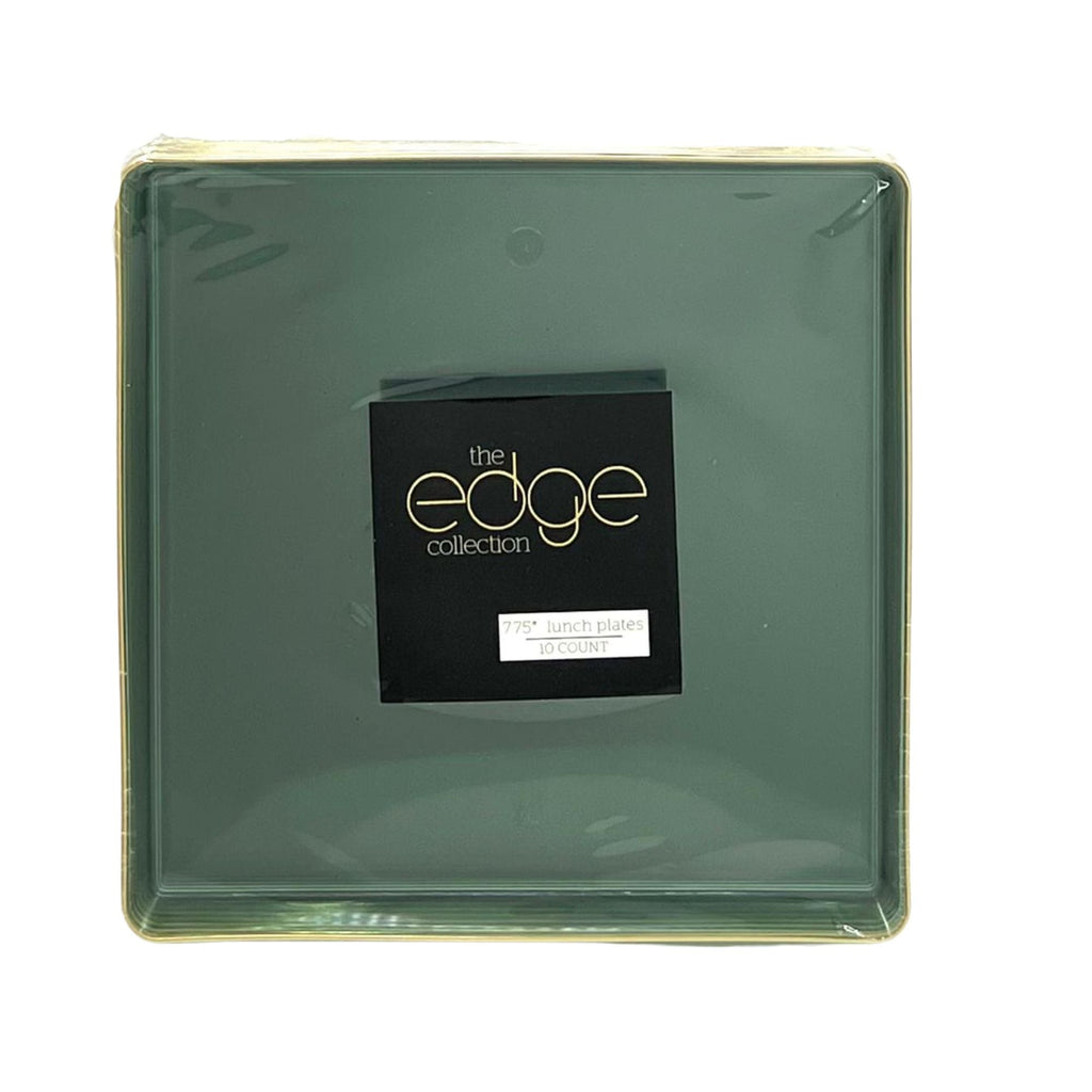 Edge 7.75" Transparent Green with Gold Rim Square Dessert Plastic Plates