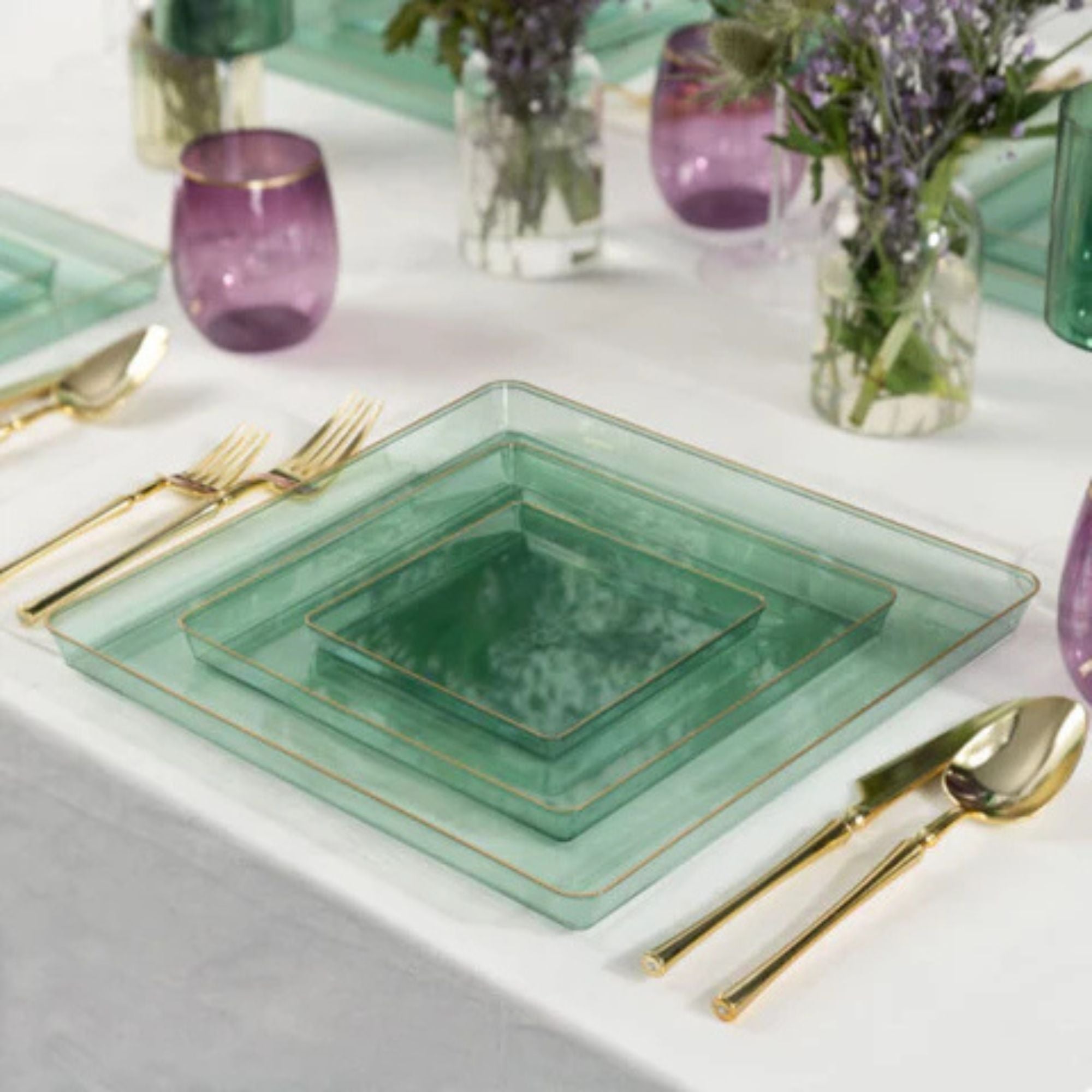 Edge 7.75" Transparent Green with Gold Rim Square Dessert Plastic Plates