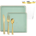 Square Green & Gold Rim Plastic Dinnerware Set Value Pack-Edge
