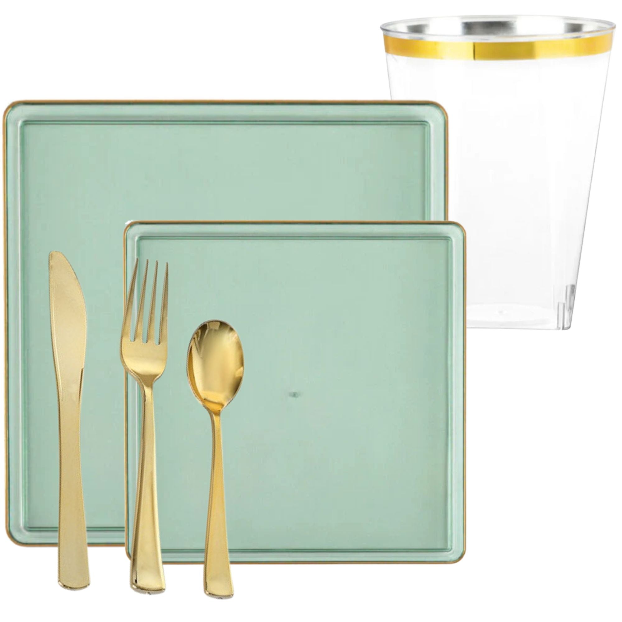 Square Green & Gold Rim Plastic Dinnerware Set Value Pack-Edge