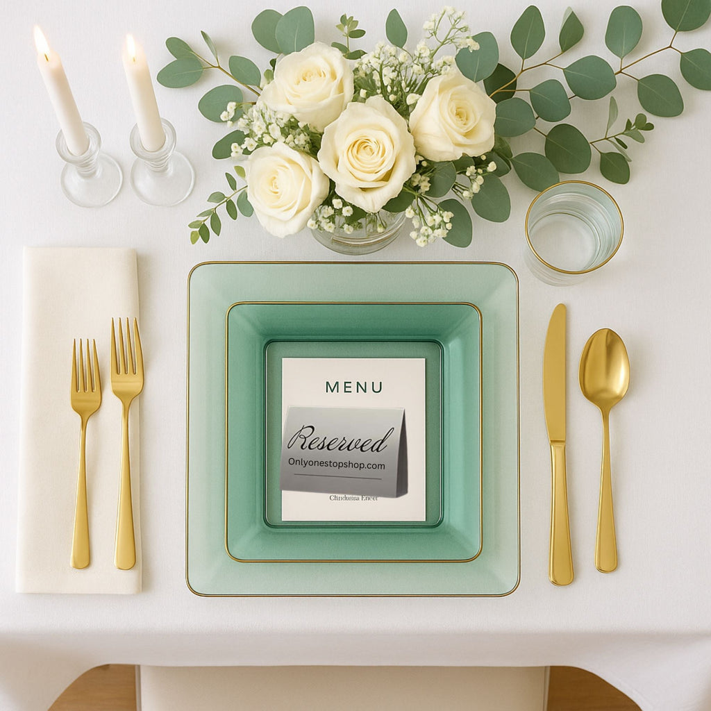 10.75"&7.75" Square Green With Gold Rim Plastic Plates COMBO Set-Edge