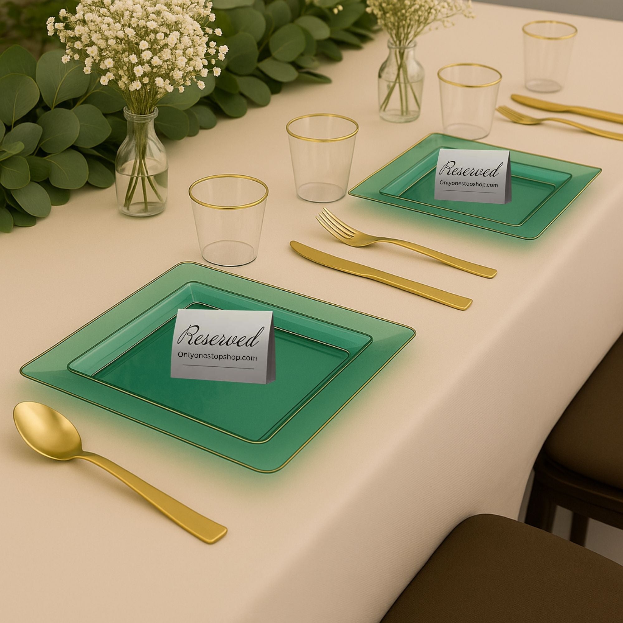 Square Green & Gold Rim Plastic Dinnerware Set Value Pack-Edge
