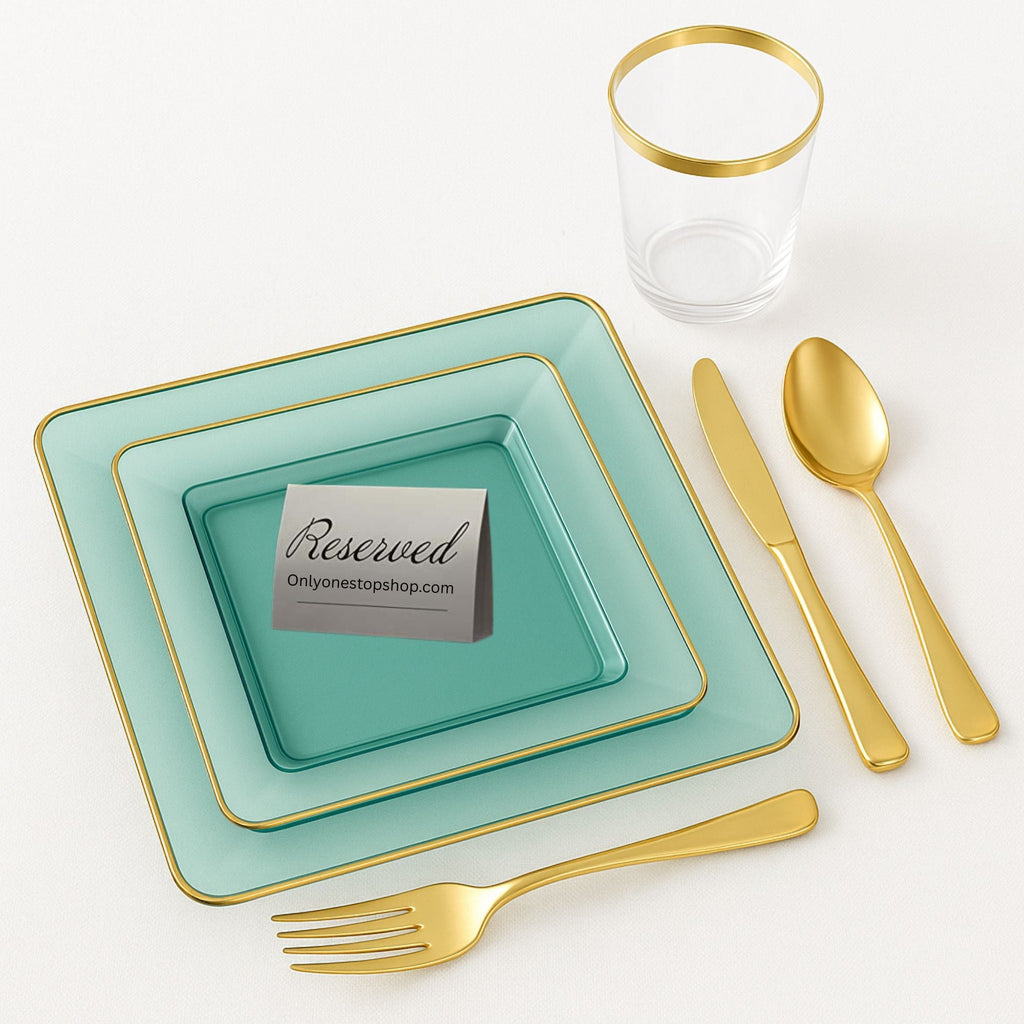Edge 7.75" Transparent Green with Gold Rim Square Dessert Plastic Plates