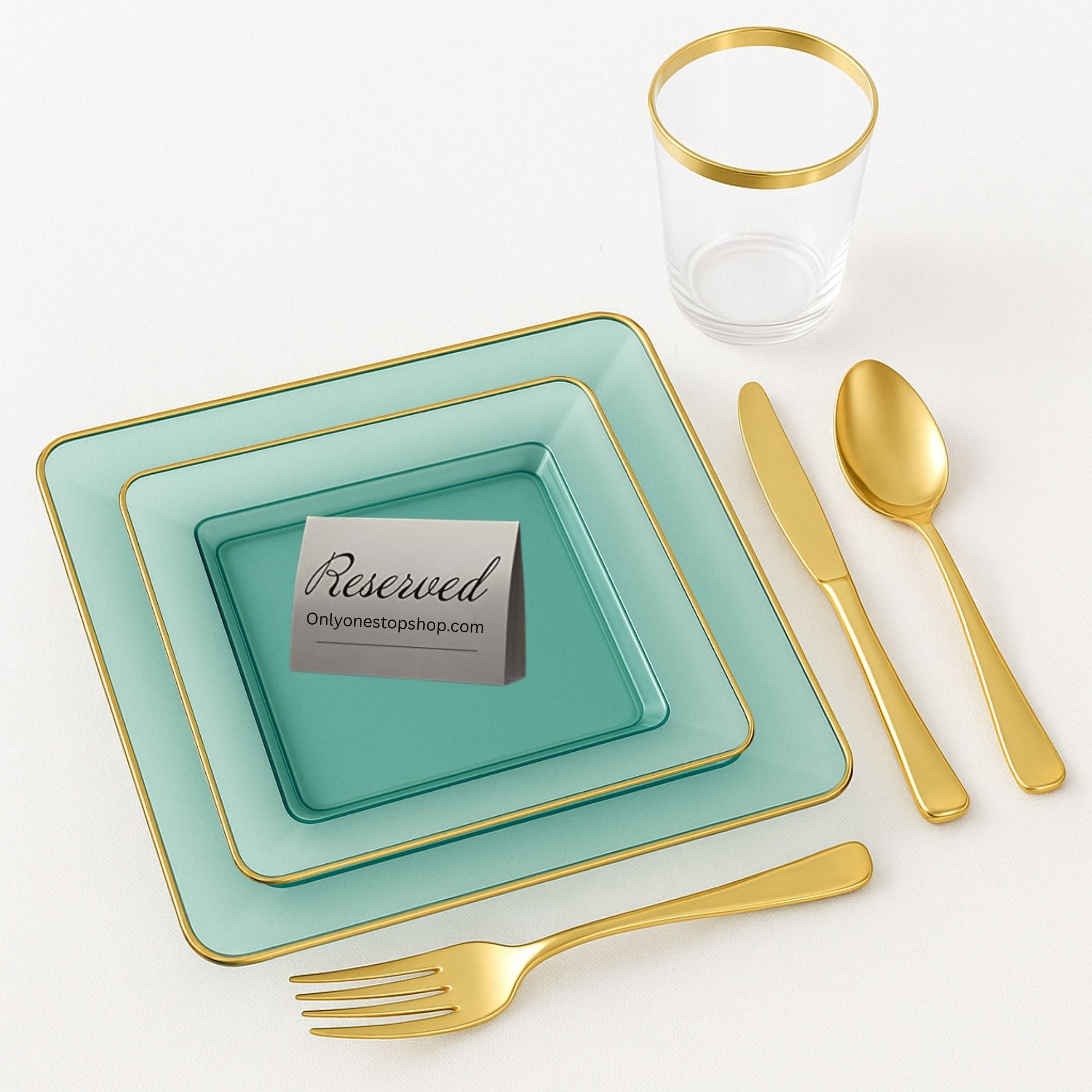 10.75"&7.75" Square Green With Gold Rim Plastic Plates COMBO Set-Edge