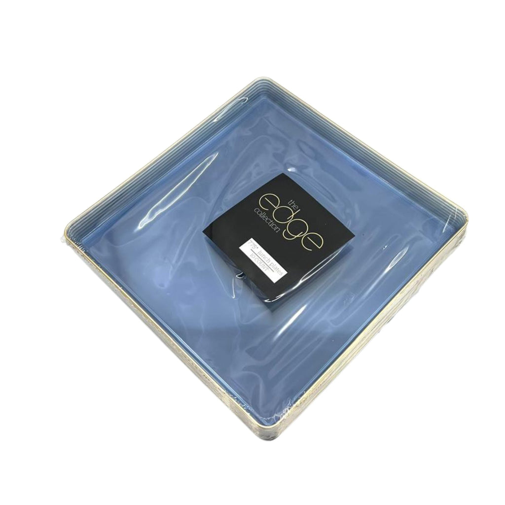 Edge 7.75" Transparent Blue with Gold Rim Square Dessert Plastic Plates