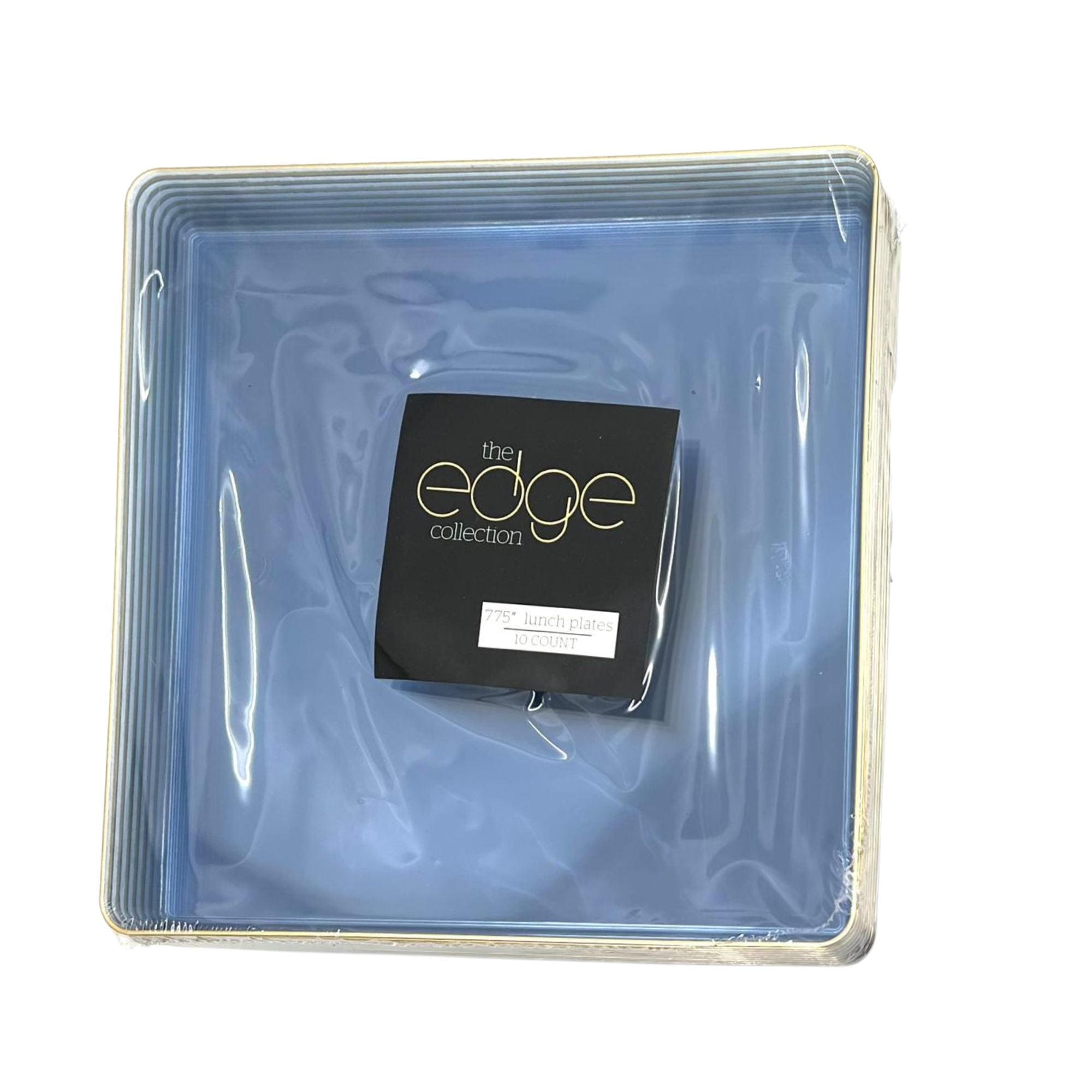 Edge 7.75" Transparent Blue with Gold Rim Square Dessert Plastic Plates