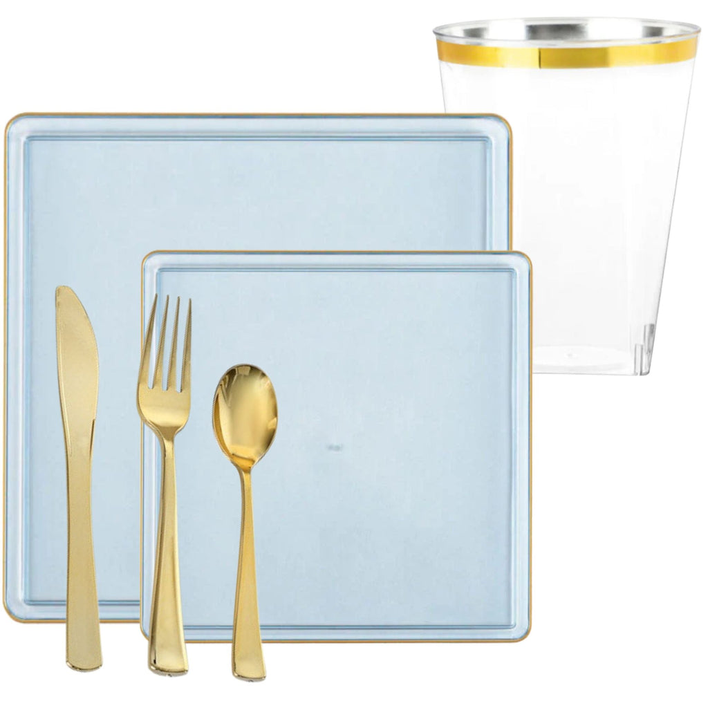 Square Blue & Gold Rim Plastic Dinnerware Set Value Pack-Edge