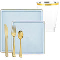 Square Blue & Gold Rim Plastic Dinnerware Set Value Pack-Edge
