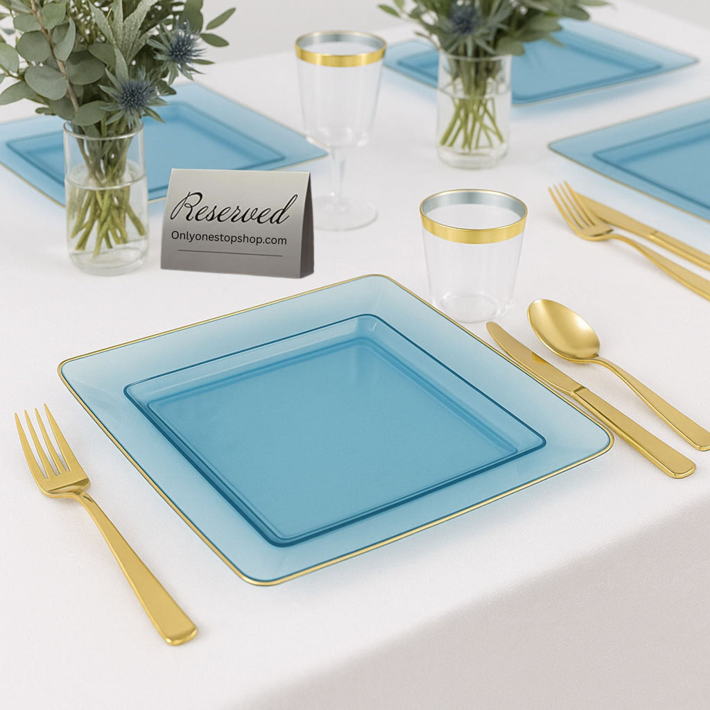 Edge 7.75" Transparent Blue with Gold Rim Square Dessert Plastic Plates