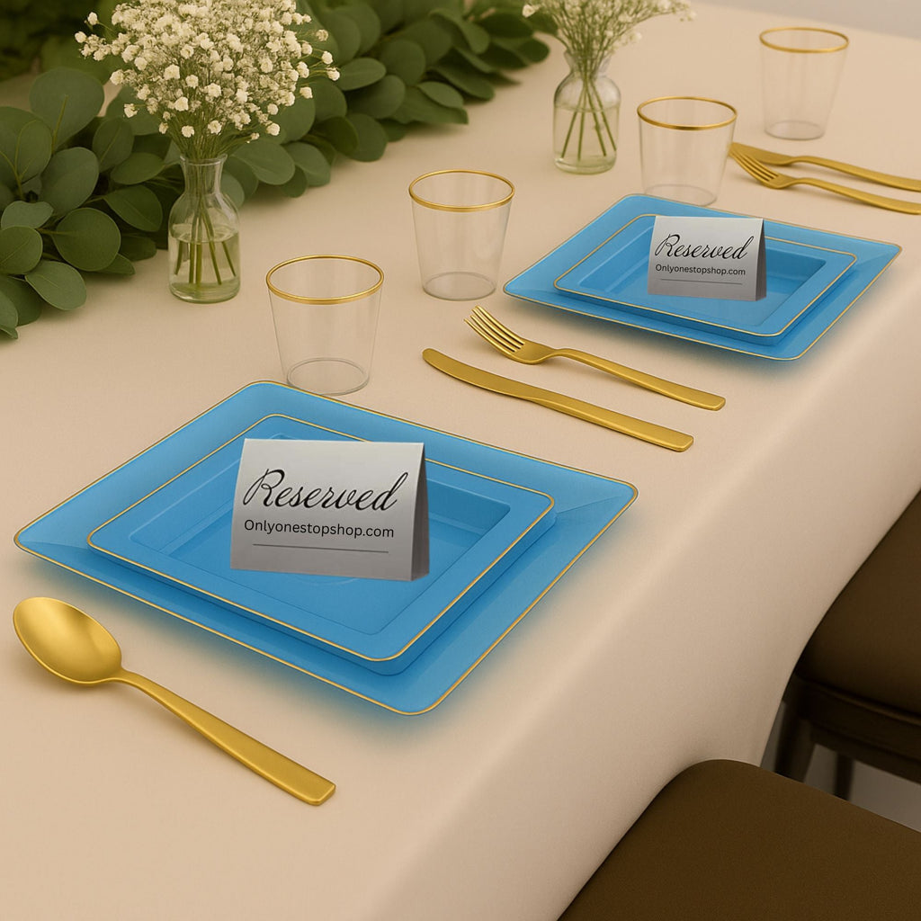 10.75"&7.75" Square Blue With Gold Rim Plastic Plates COMBO Set-Edge