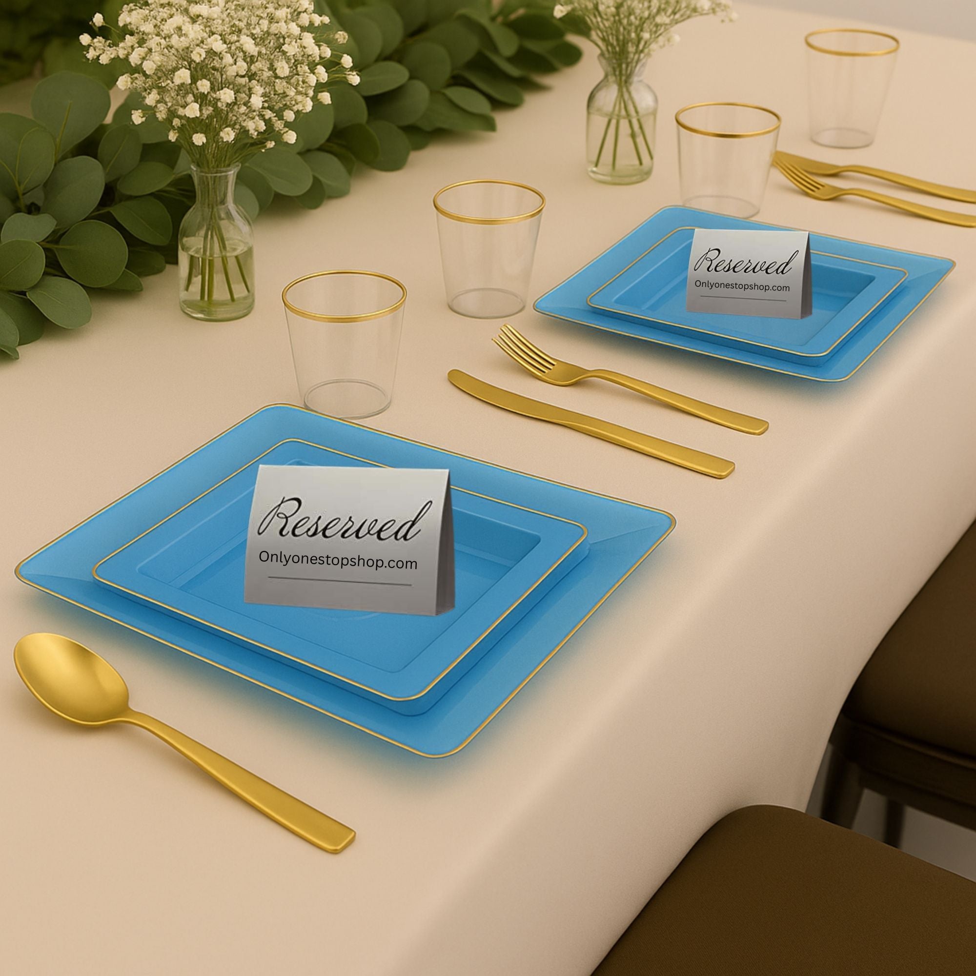 10.75"&7.75" Square Blue With Gold Rim Plastic Plates COMBO Set-Edge