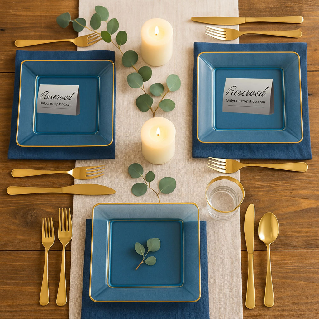 10.75"&7.75" Square Blue With Gold Rim Plastic Plates COMBO Set-Edge