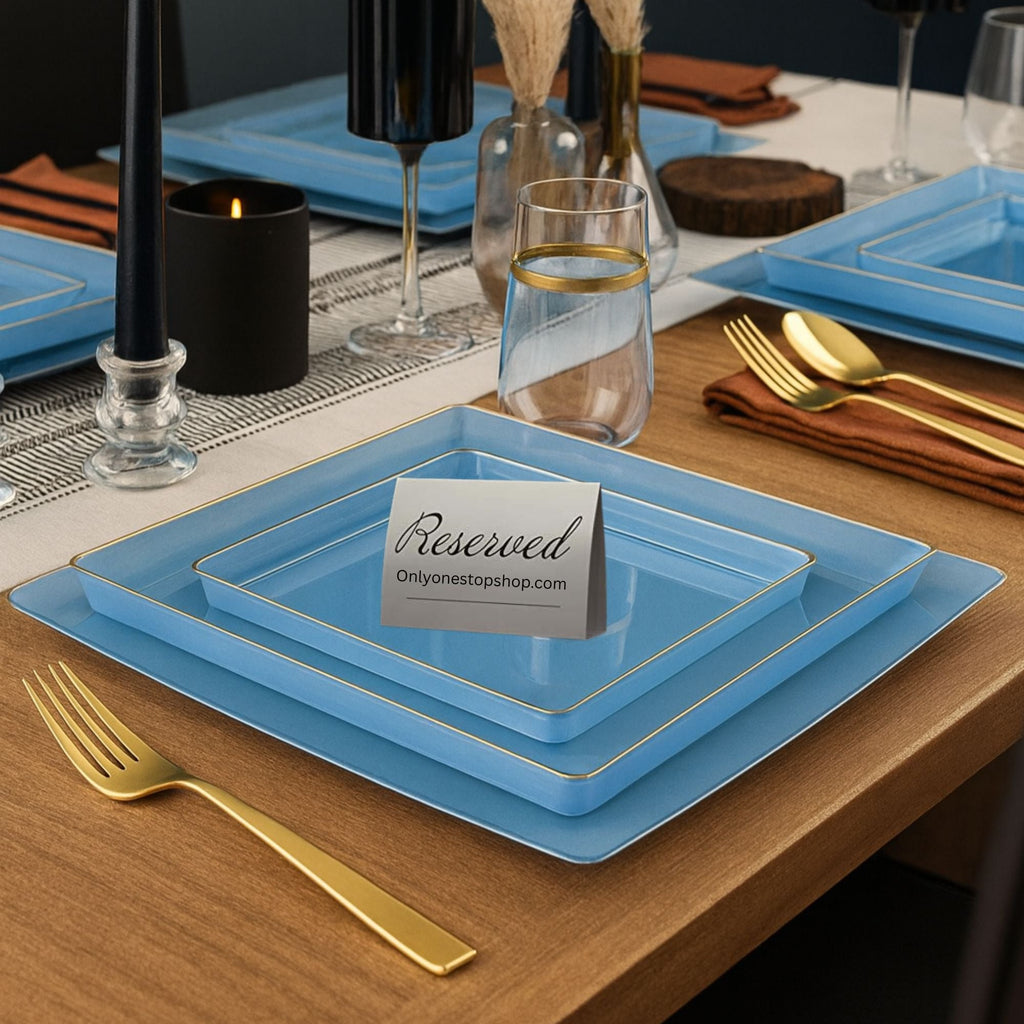 Square Blue & Gold Rim Plastic Dinnerware Set Value Pack-Edge