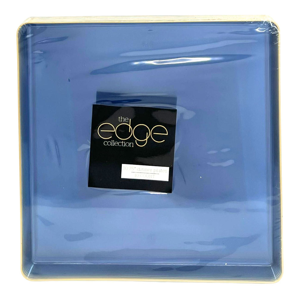 Edge 10.75" Transparent Blue with Gold Rim Square Plastic Dinner Plates