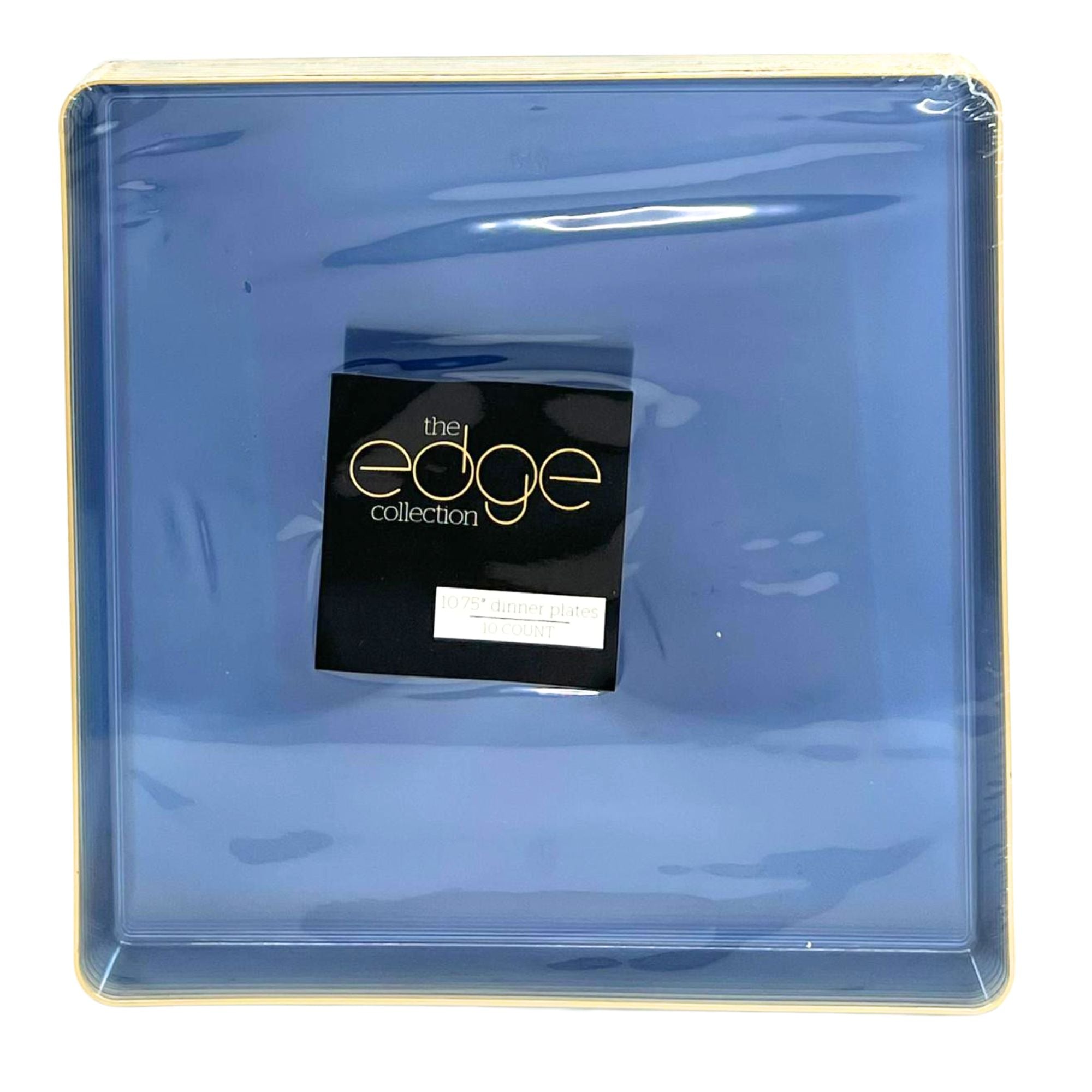Edge 10.75" Transparent Blue with Gold Rim Square Plastic Dinner Plates