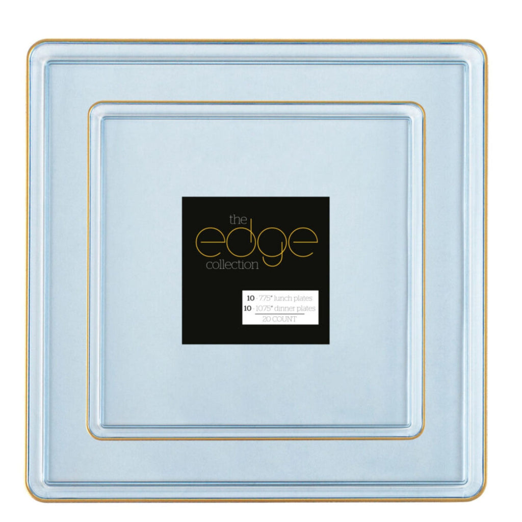 10.75"&7.75" Square Blue With Gold Rim Plastic Plates COMBO Set-Edge