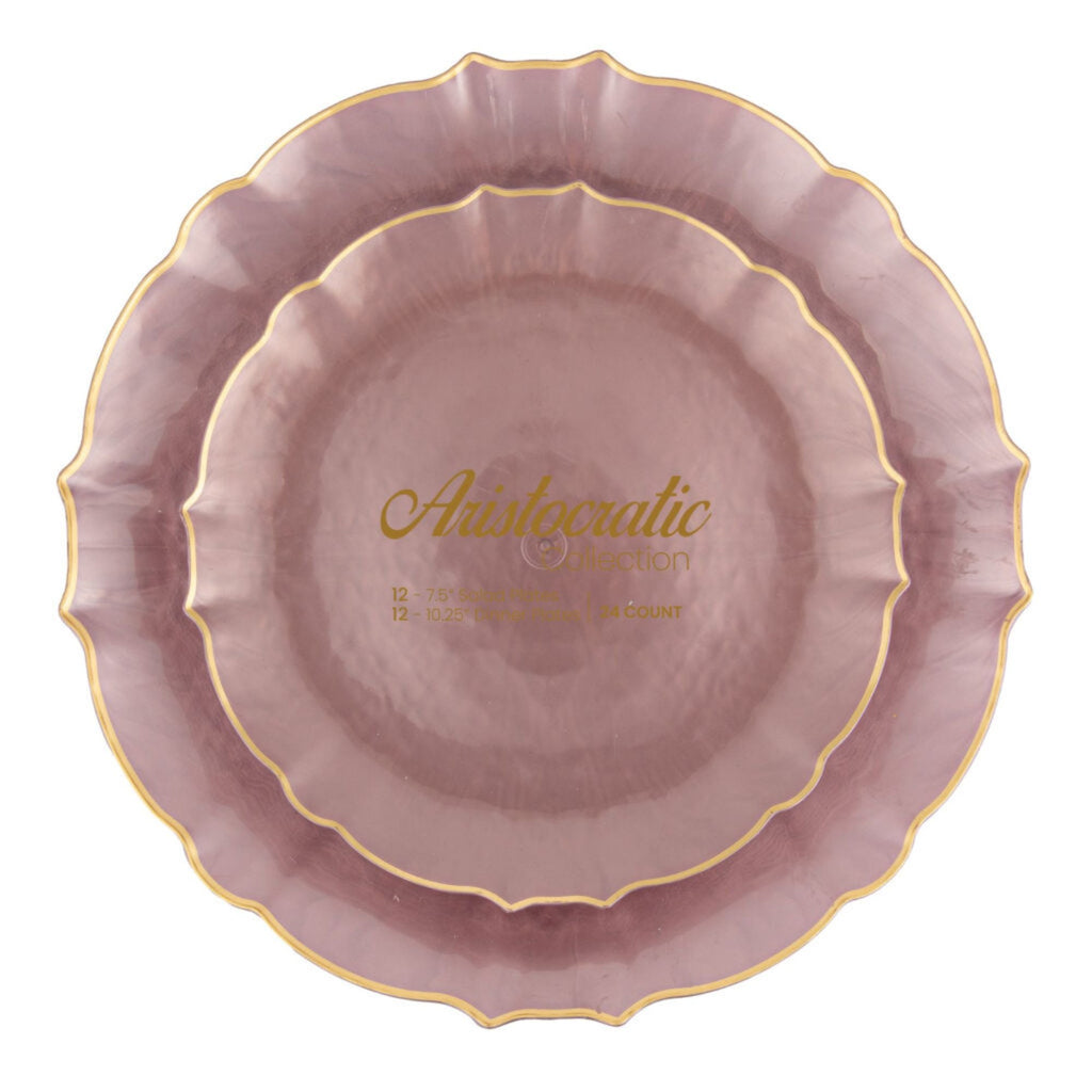 10.25"&7.5" Pearl Pink with Gold Rim Plastic Plates Combo Set: Aristocratic