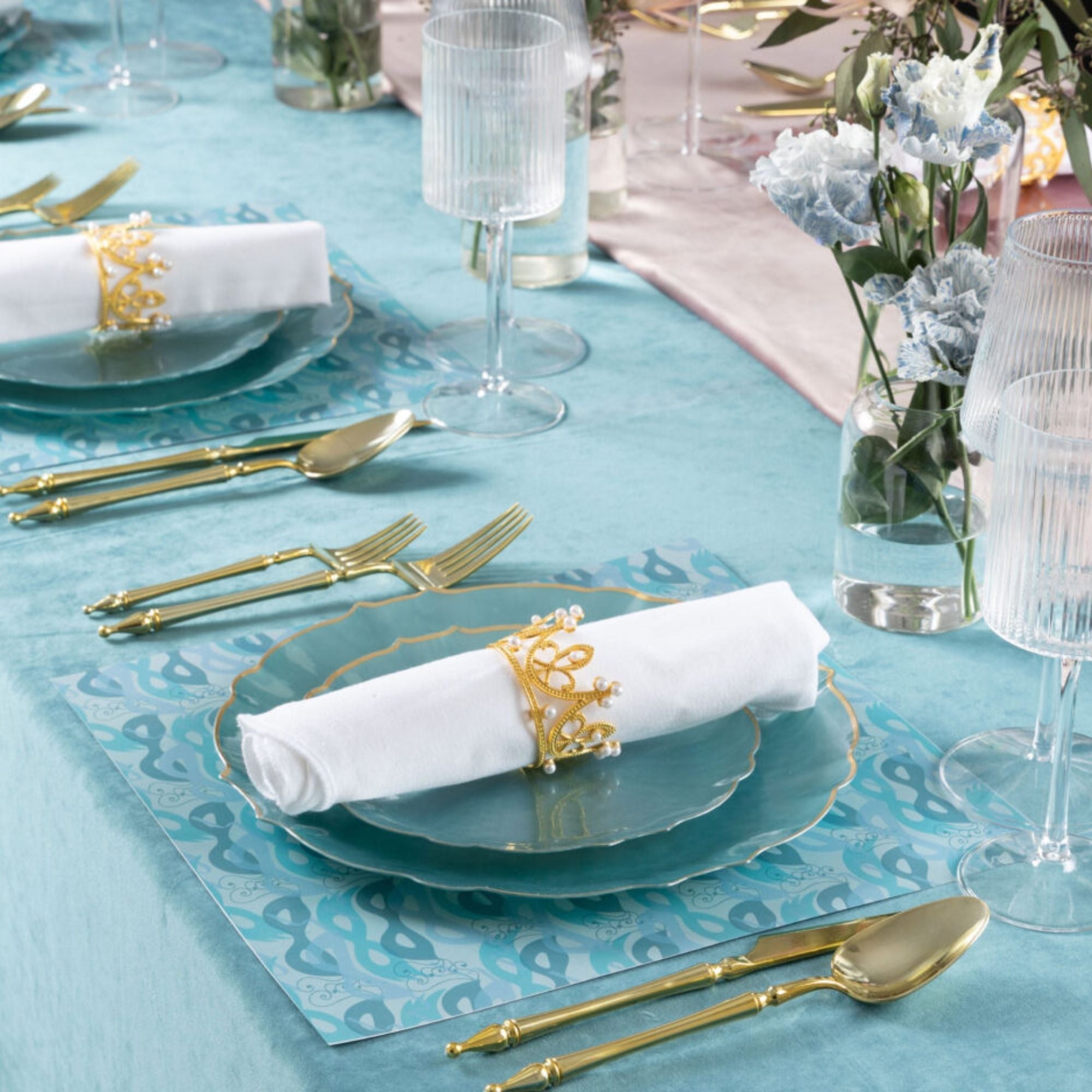 10.25"&7.5" Pearl Blue with Gold Rim Plastic Plates Combo Set: Aristocratic