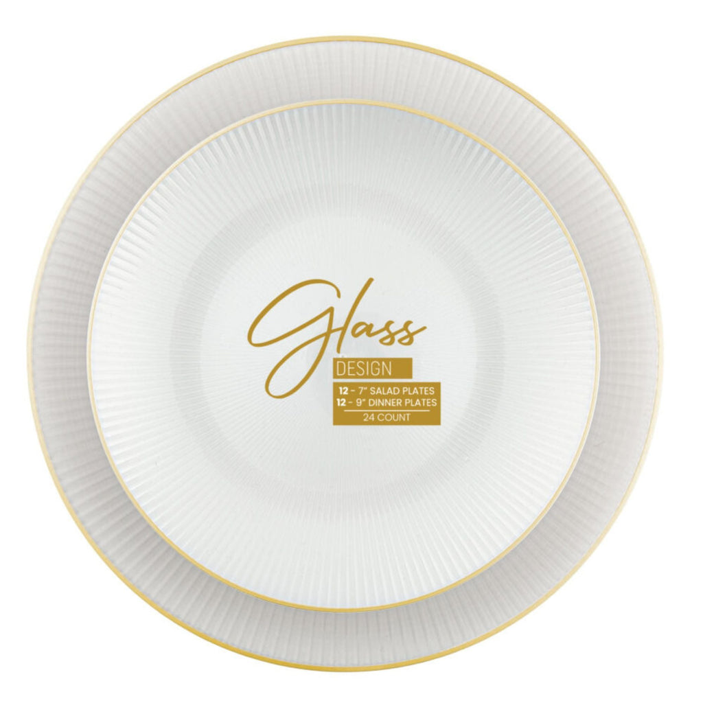 9"&7" Pearl with Gold Rim Plastic Plates Combo Set: Glass Design