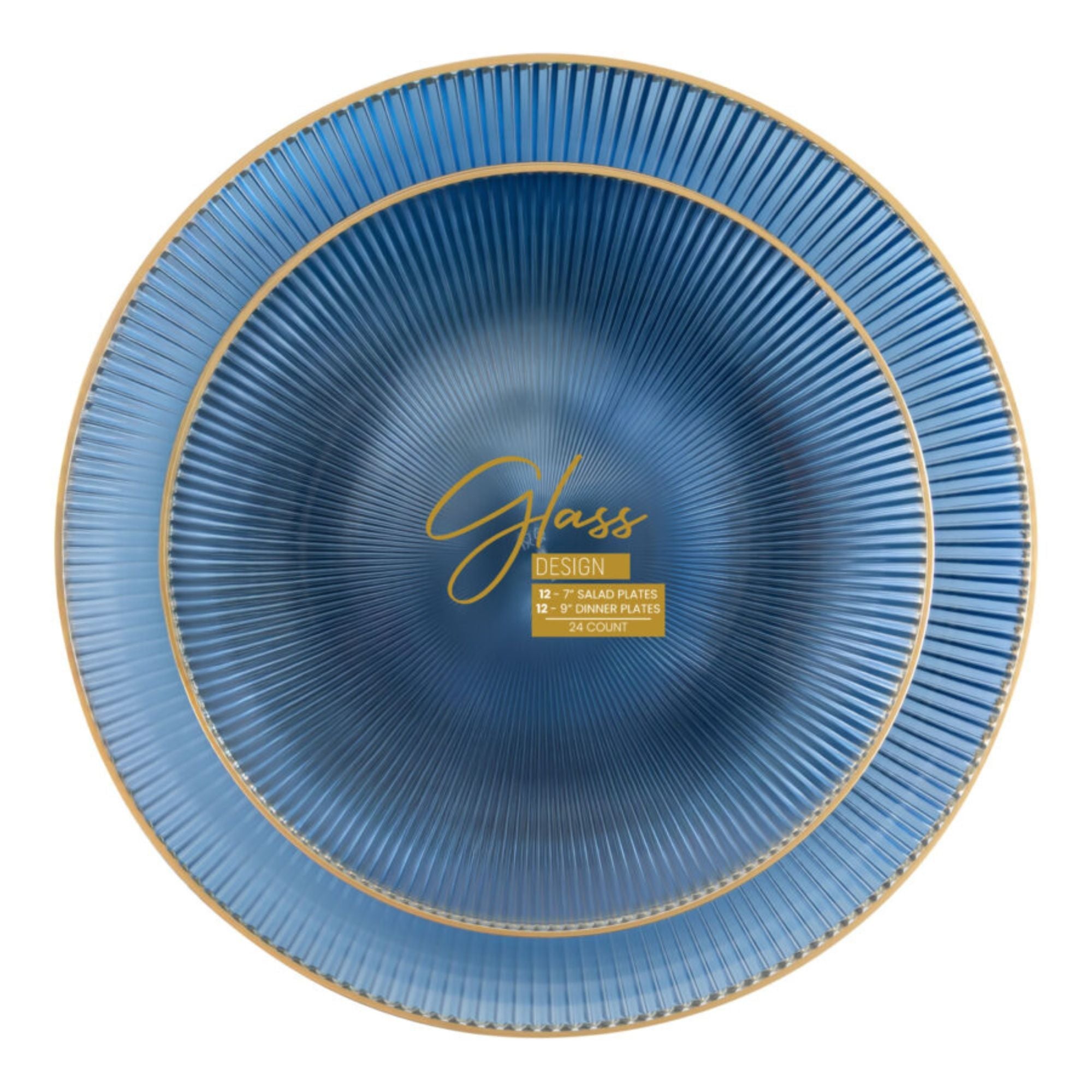 9"&7" Blue Transparent with Gold Rim Plastic Plates Combo Set: Glass Design