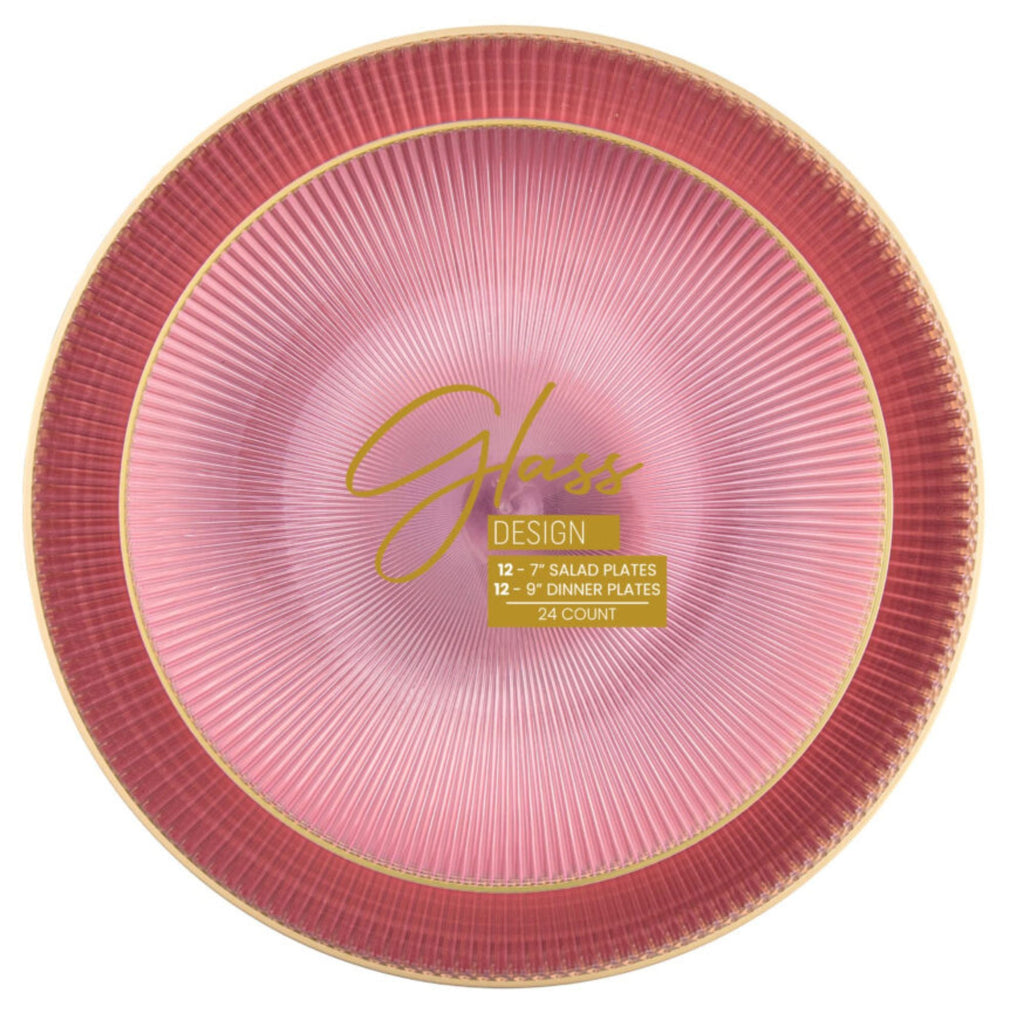 9"&7" Pink Transparent with Gold Rim Plastic Plates Combo Set: Glass Design