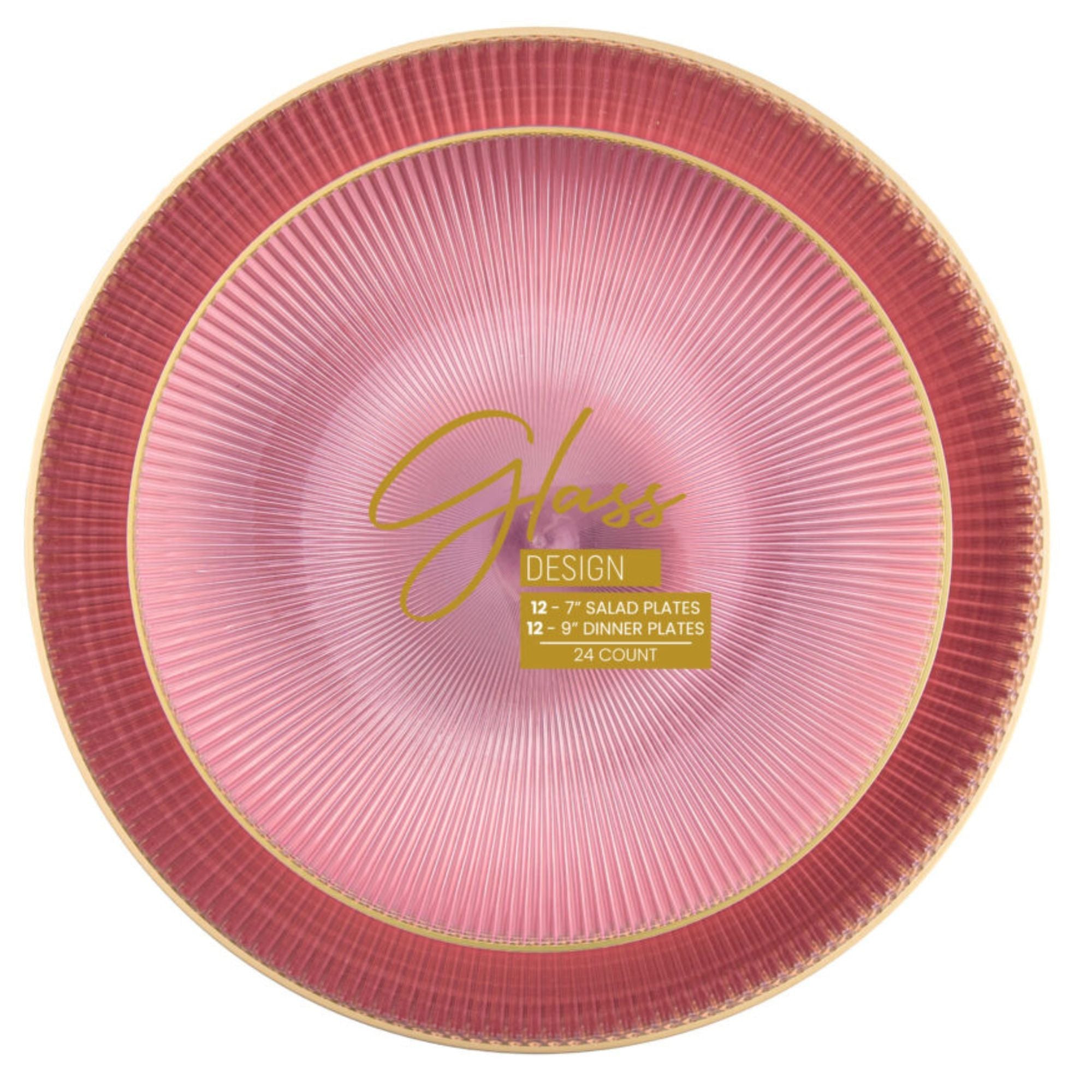 9"&7" Pink Transparent with Gold Rim Plastic Plates Combo Set: Glass Design