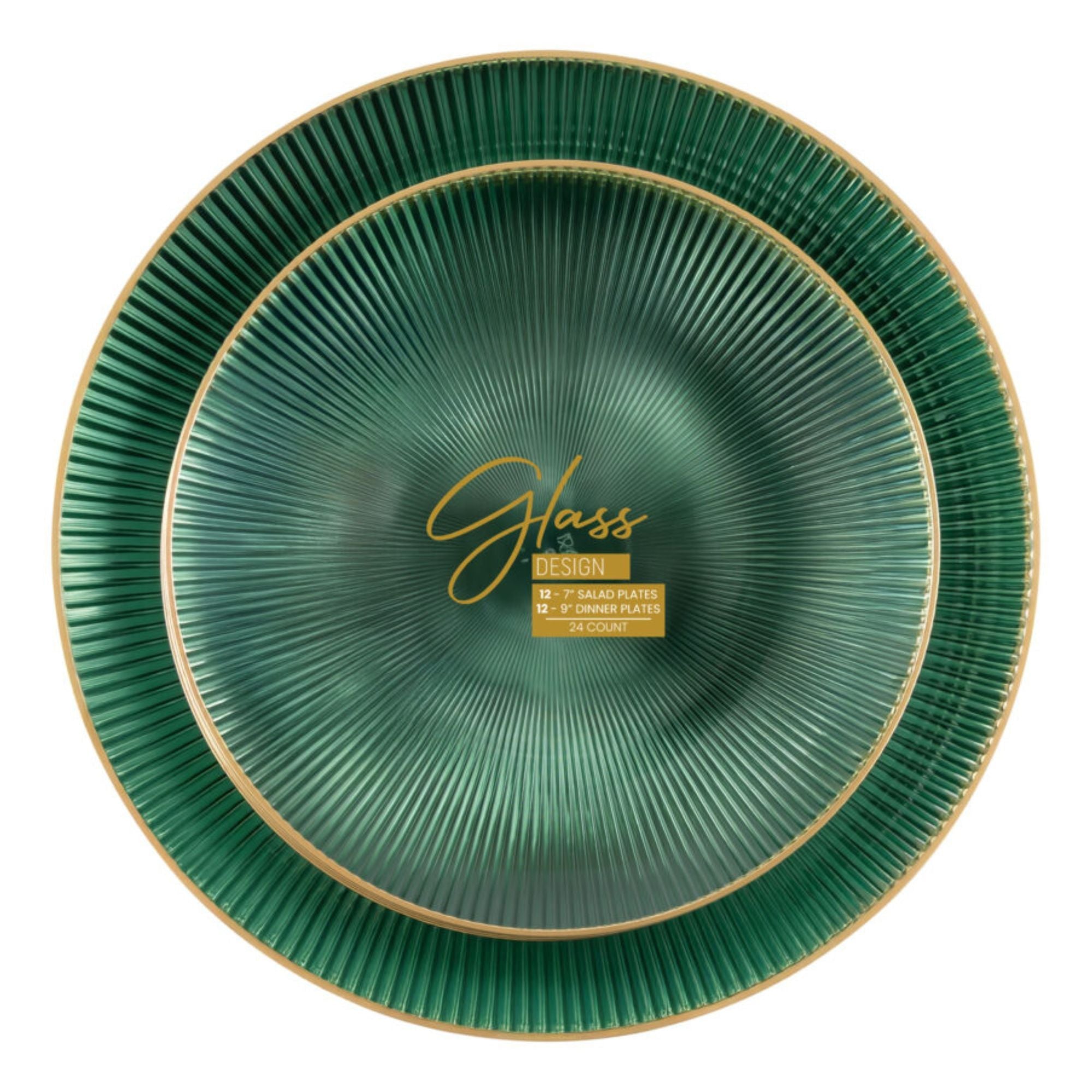 9"&7" Green Transparent with Gold Rim Plastic Plates Combo Set: Glass Design