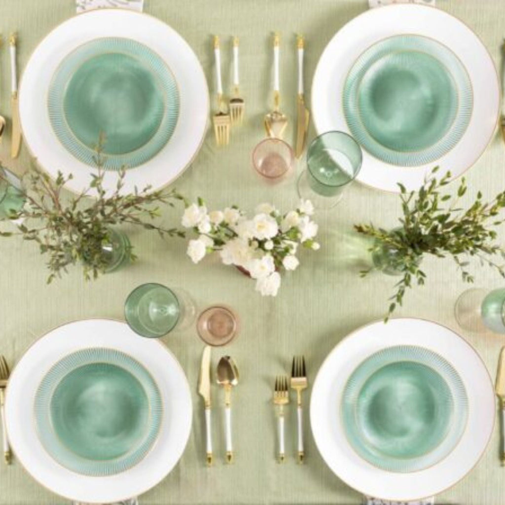 9"&7" Green Transparent with Gold Rim Plastic Plates Combo Set: Glass Design