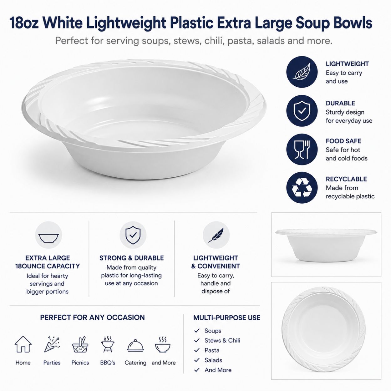 *WHOLESALE* 18oz White Dessert Bowls Lightweight Plastic 800/case
