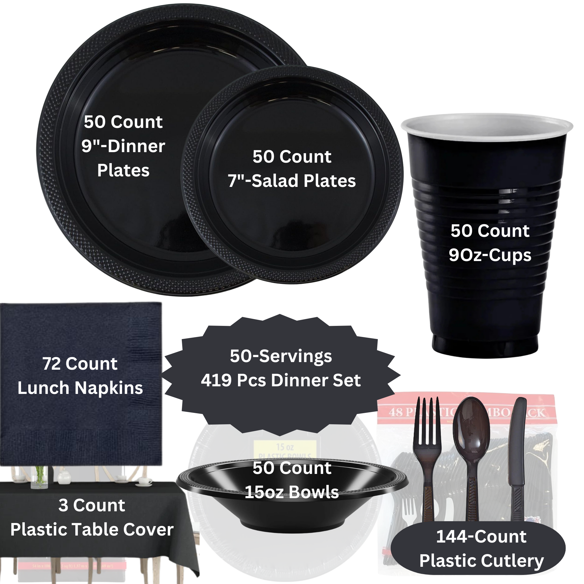 BLACK Complete Plastic Disposable Dining Solution for Your Event:Budget Party Set
