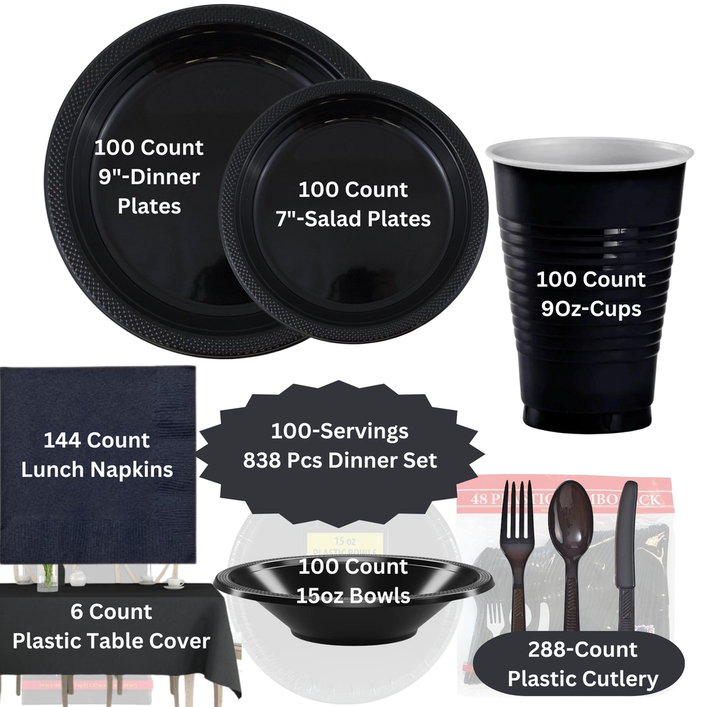 BLACK Complete Plastic Disposable Dining Solution for Your Event:Budget Party Set