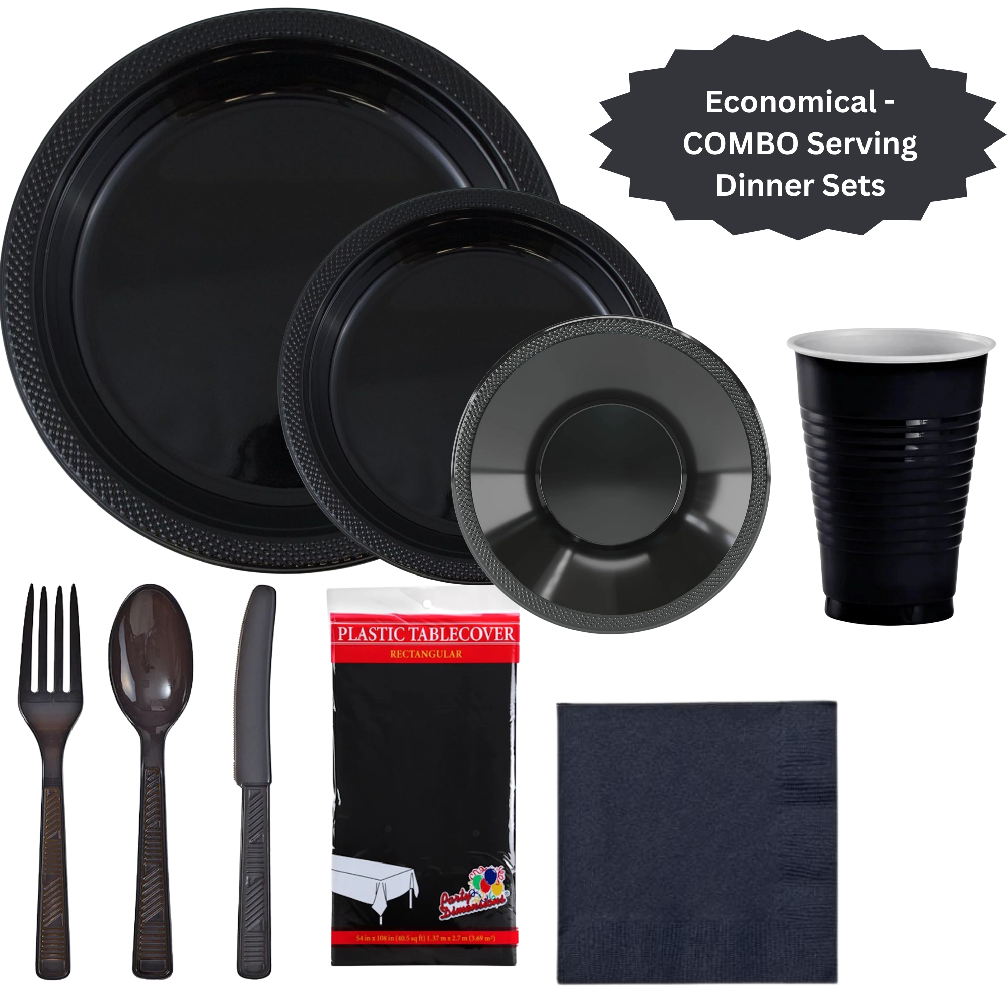 BLACK Complete Plastic Disposable Dining Solution for Your Event:Budget Party Set