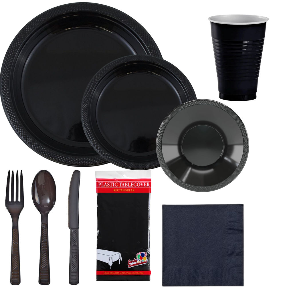 BLACK Complete Plastic Disposable Dining Solution for Your Event:Budget Party Set