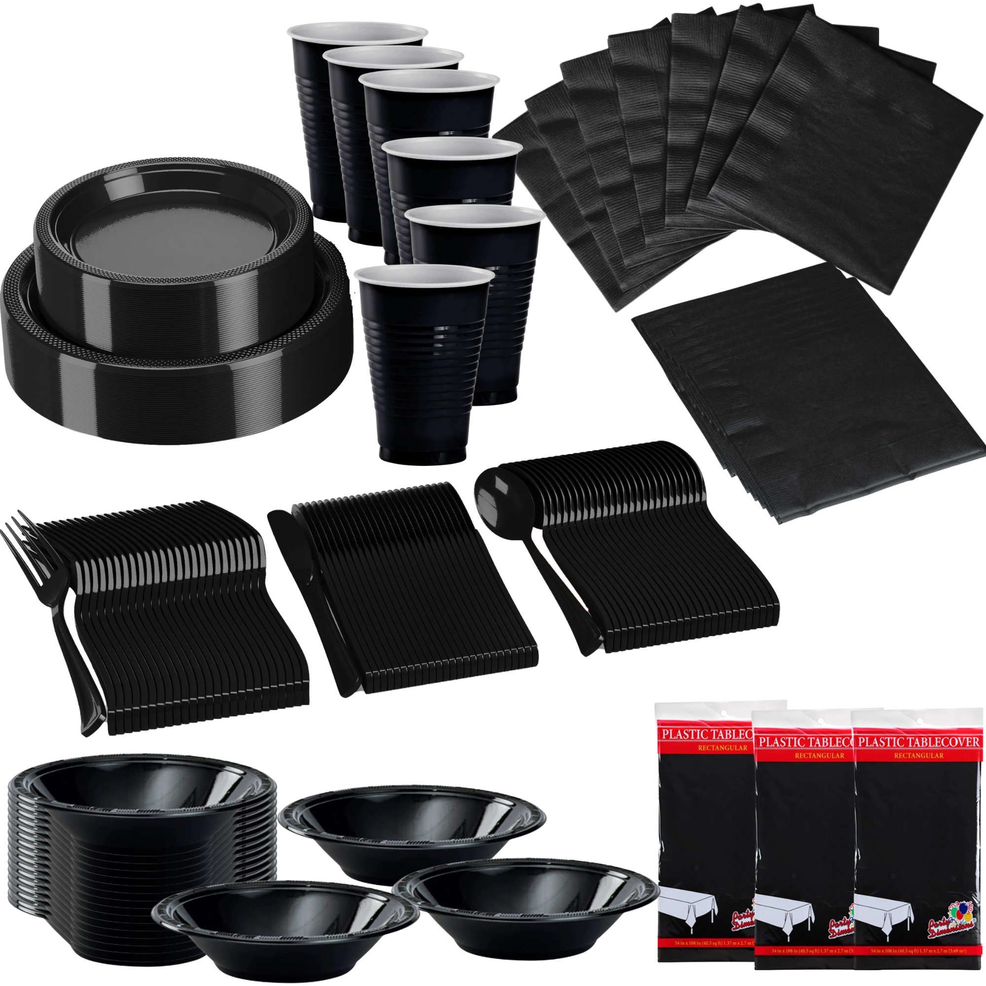 BLACK Complete Plastic Disposable Dining Solution for Your Event:Budget Party Set
