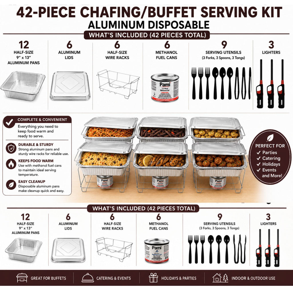 42-Piece Disposable Half Size Chafing Dish Buffet Set with Fuel & Utensils
