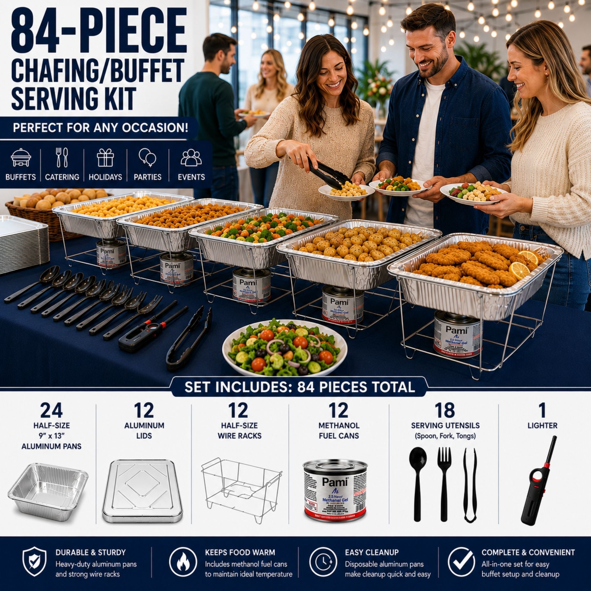 84-Piece Chafing/Buffet Serving Kit Aluminum Disposable Half Size Set