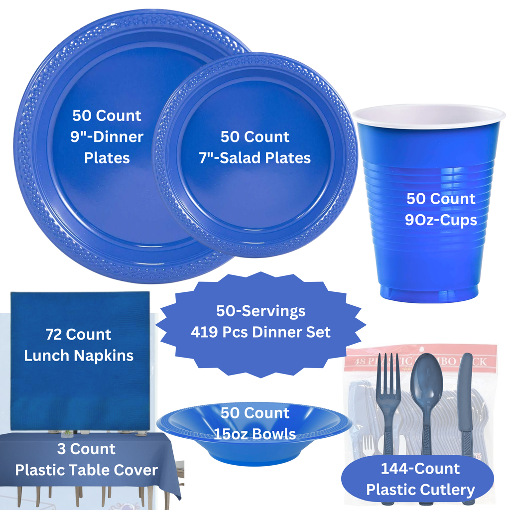 BLUE Complete Plastic Disposable Dining Solution for Your Event: Budget Party Set