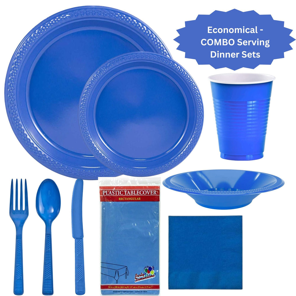 BLUE Complete Plastic Disposable Dining Solution for Your Event: Budget Party Set