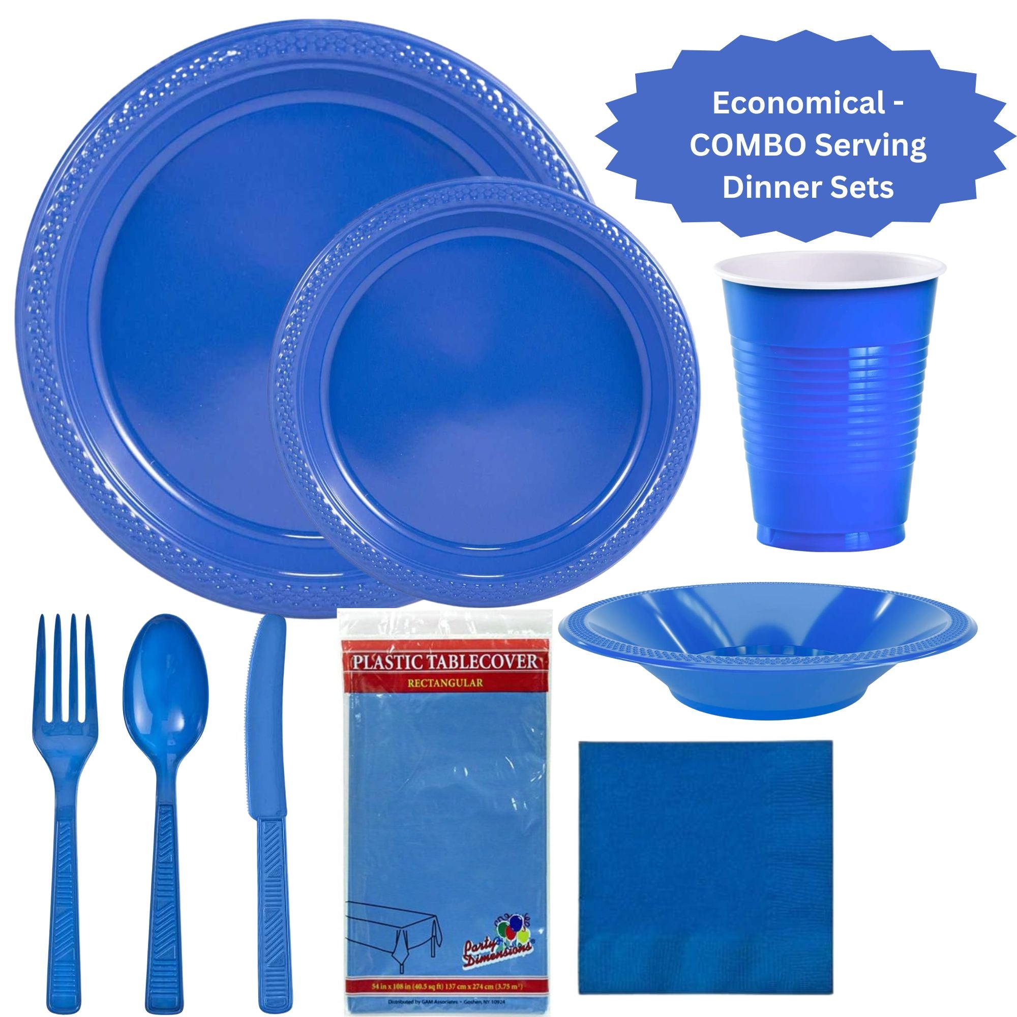 BLUE Complete Plastic Disposable Dining Solution for Your Event: Budget Party Set