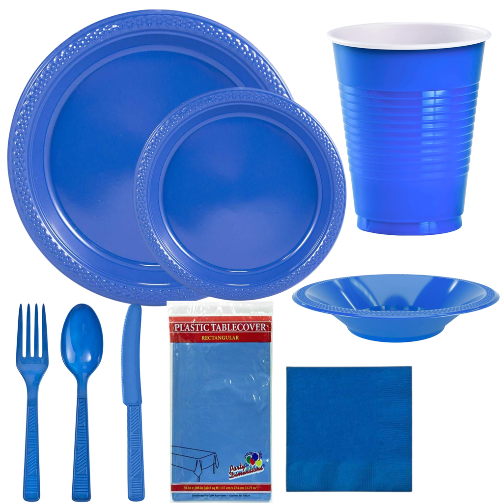 BLUE Complete Plastic Disposable Dining Solution for Your Event: Budget Party Set