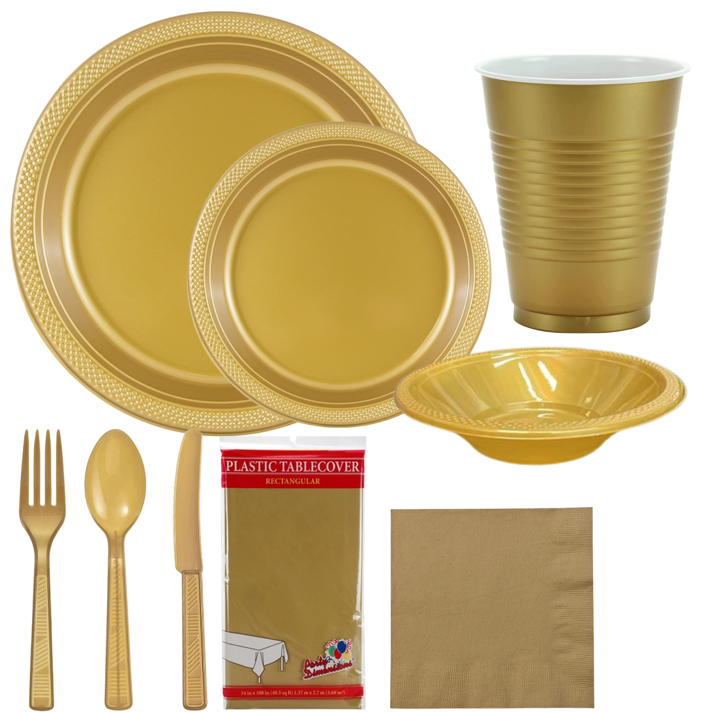 GOLD Complete Plastic Disposable Dining Solution for Your Event: Budget Party Set