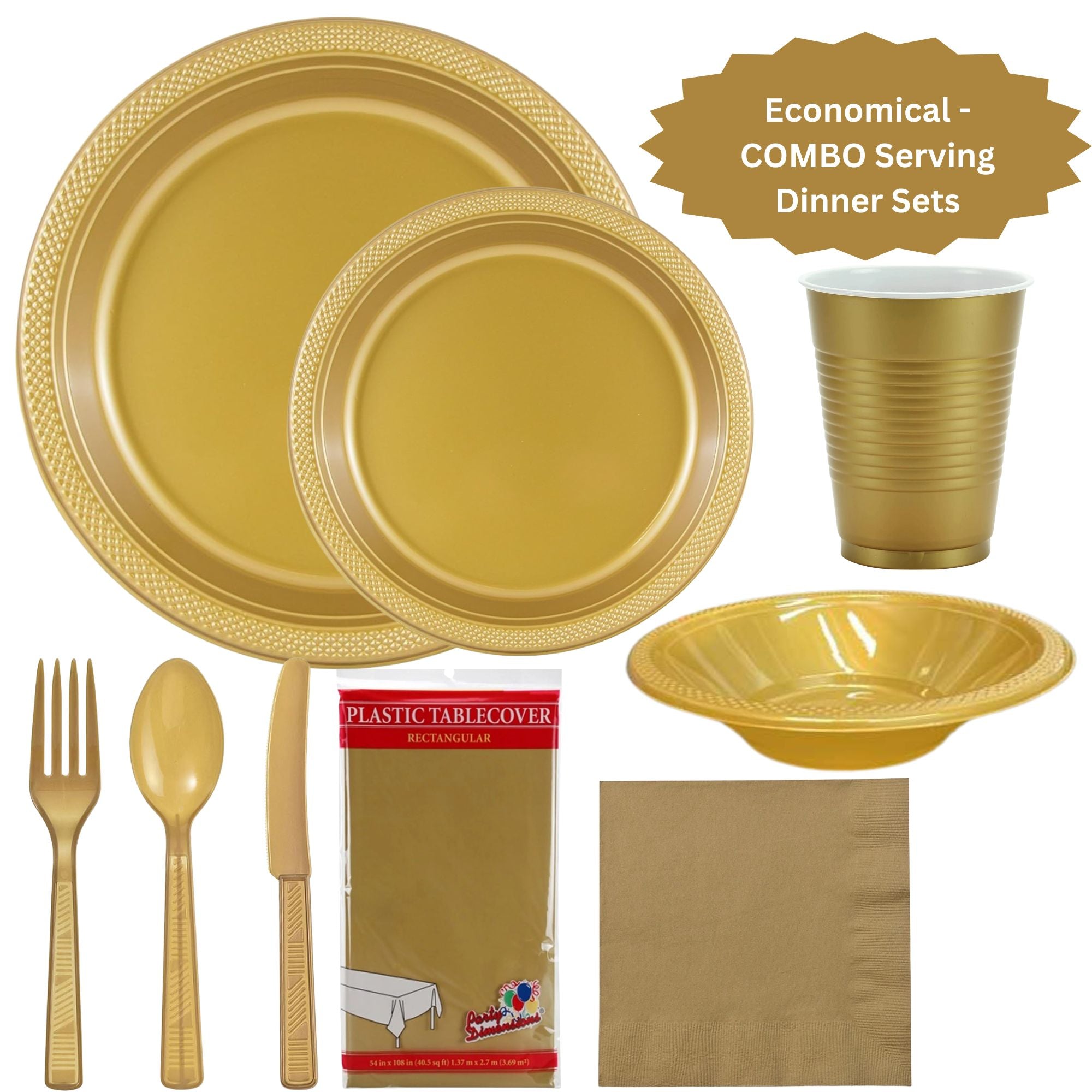 GOLD Complete Plastic Disposable Dining Solution for Your Event: Budget Party Set