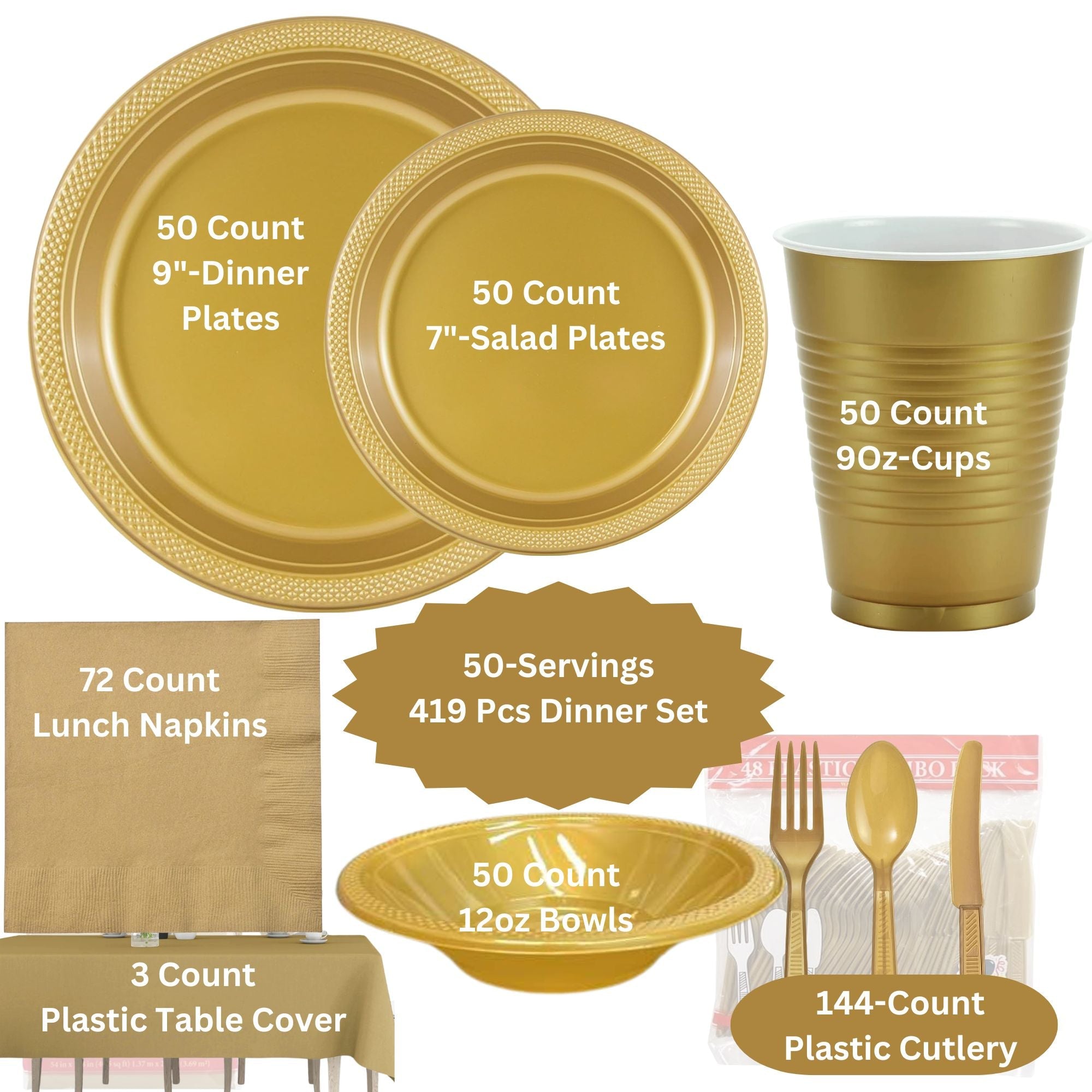 GOLD Complete Plastic Disposable Dining Solution for Your Event: Budget Party Set Disposable Tableware Hanna K Signature 50 Guest Servings