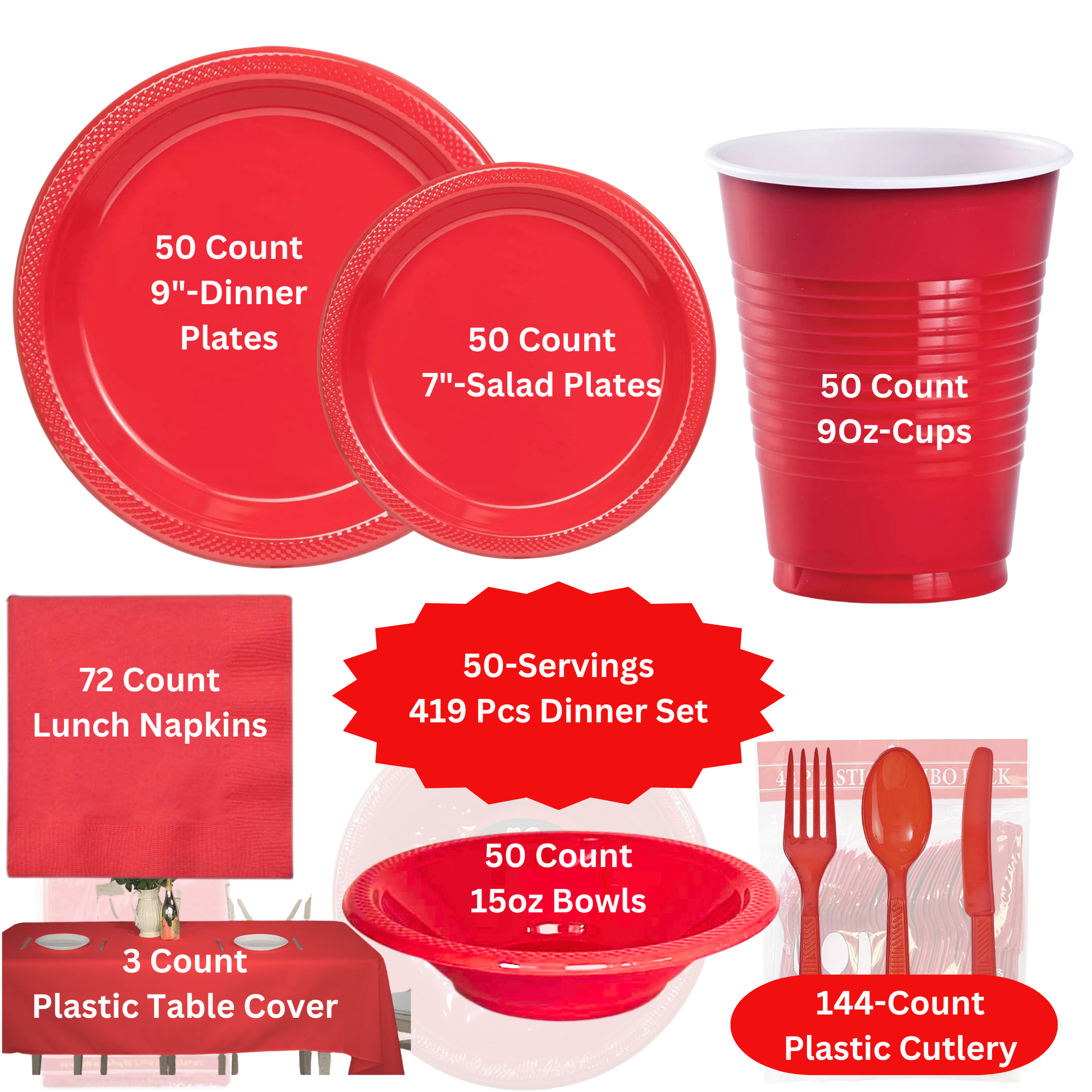 RED Complete Plastic Disposable Dining Solution for Your Event: Budget Party Set Disposable Tableware Hanna K Signature 50 Guest Servings
