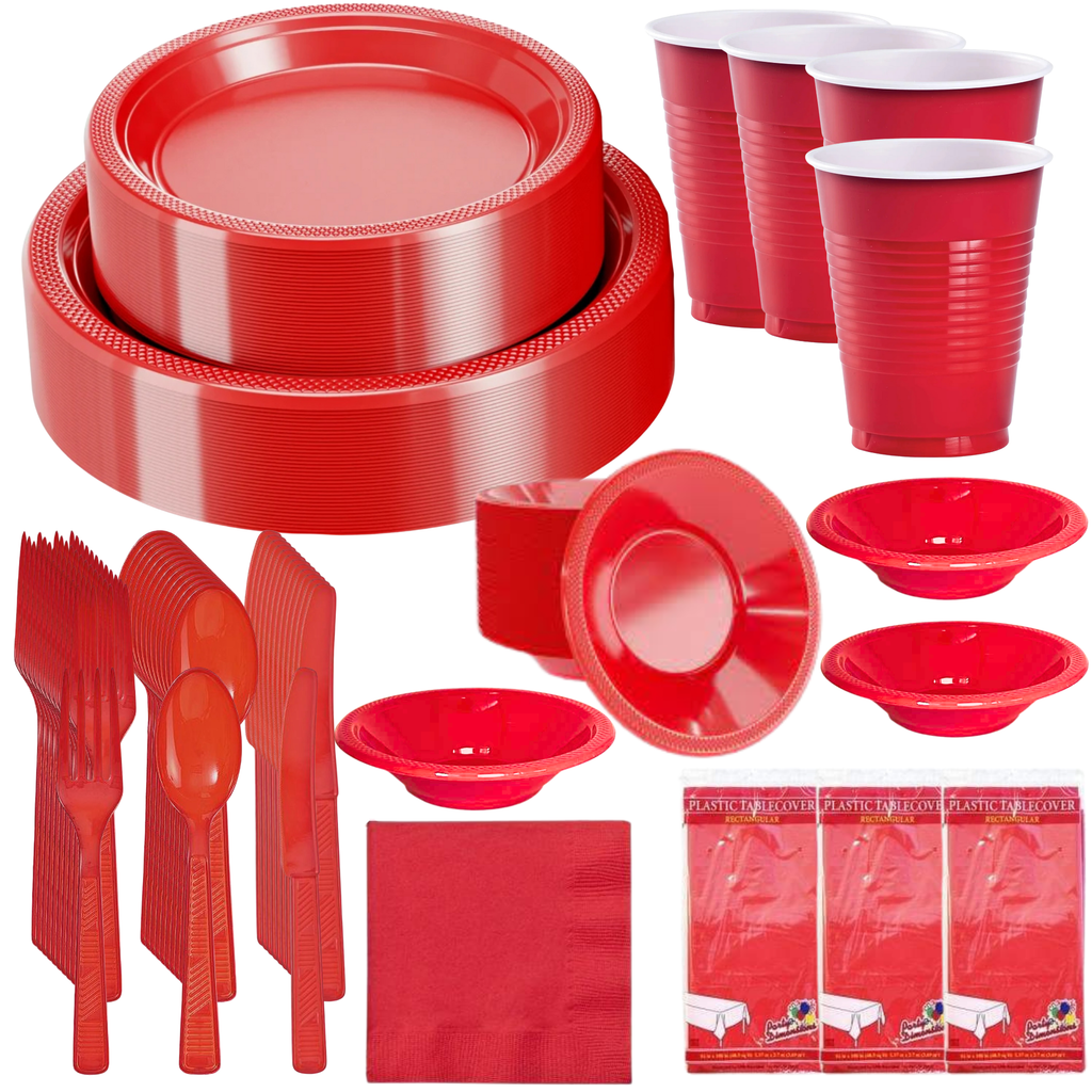 RED Complete Plastic Disposable Dining Solution for Your Event: Budget Party Set