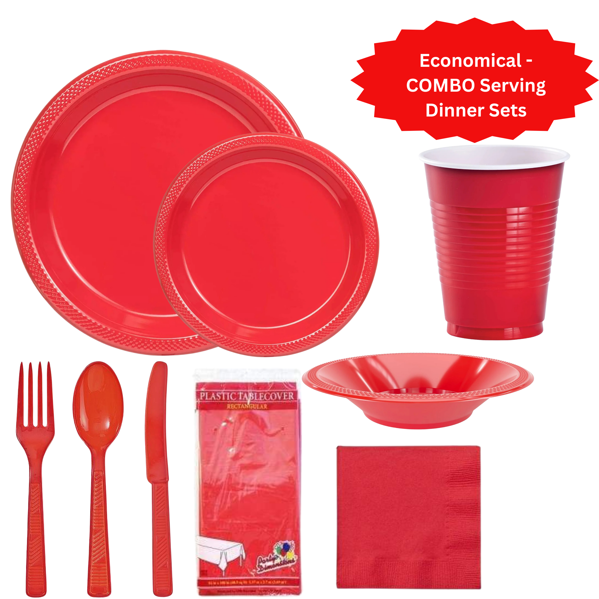 RED Complete Plastic Disposable Dining Solution for Your Event: Budget Party Set
