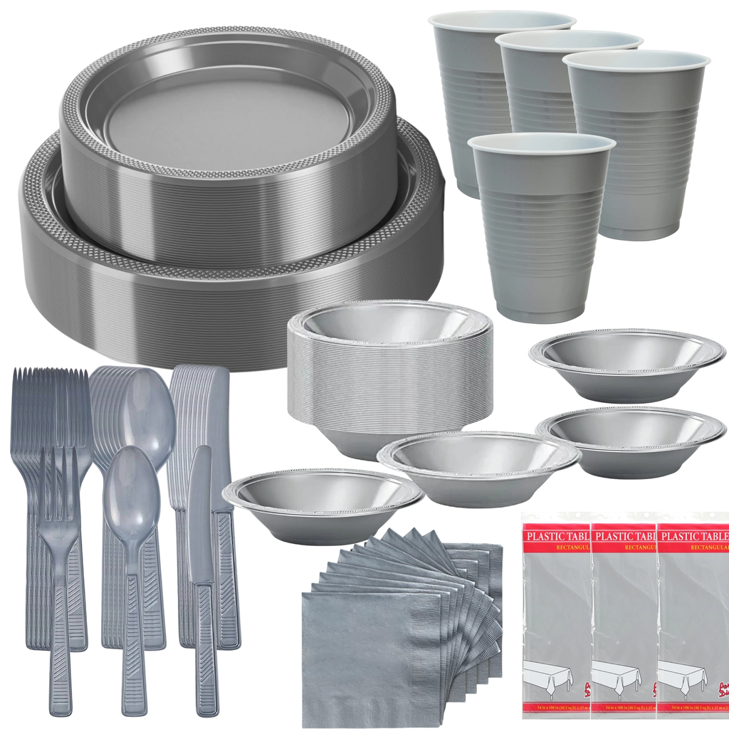 Silver Complete Disposable Dining Set | Budget Party Combo