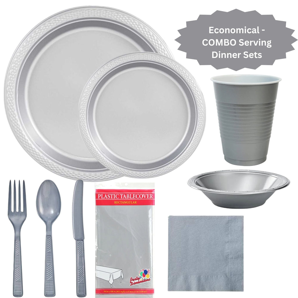 Silver Complete Disposable Dining Set | Budget Party Combo