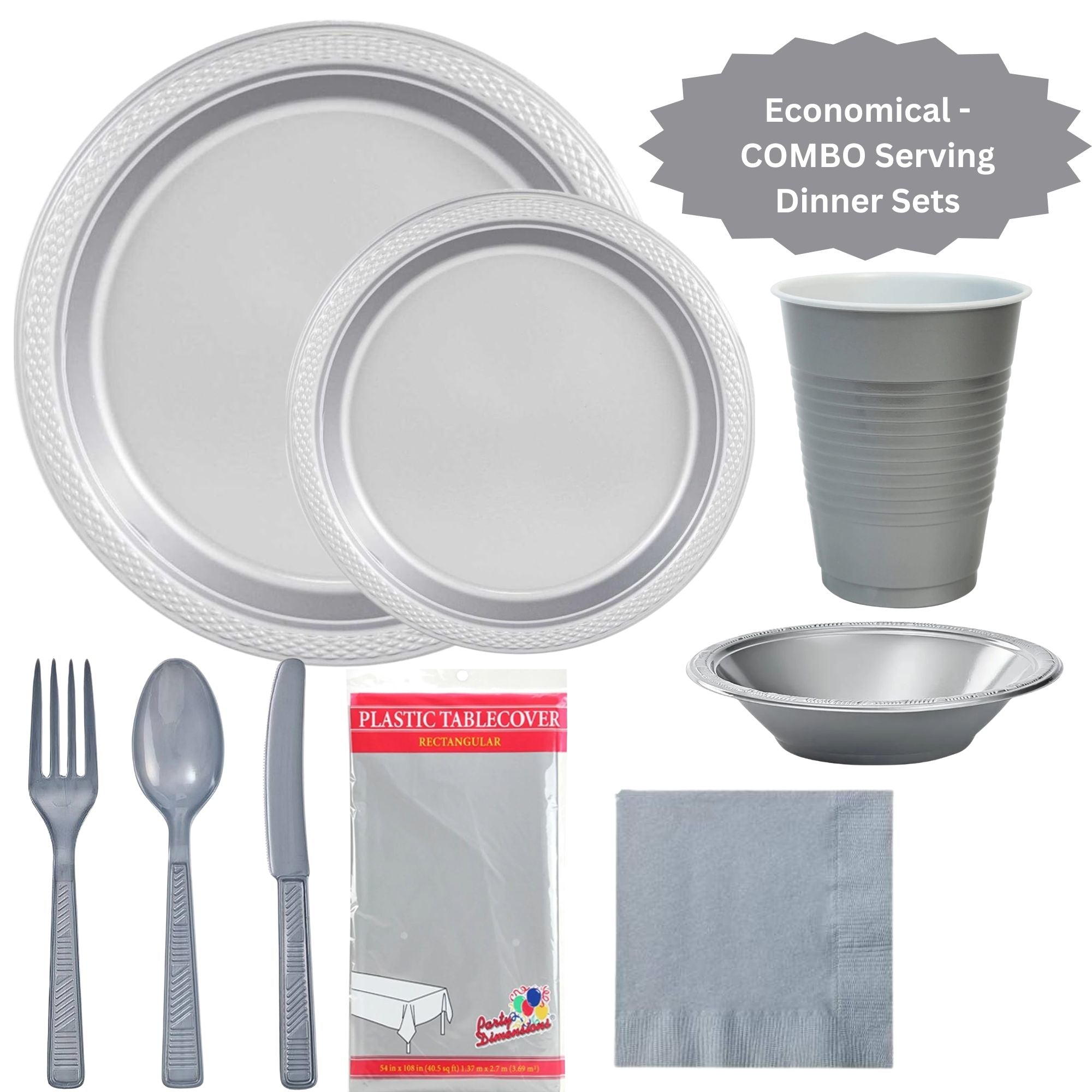 Silver Complete Disposable Dining Set | Budget Party Combo