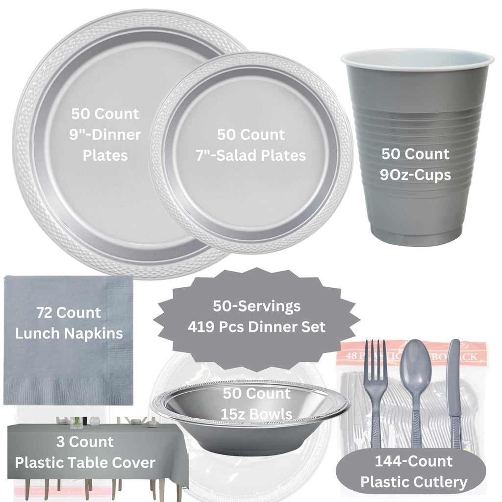 Silver Complete Disposable Dining Set | Budget Party Combo Disposable Tableware Hanna K Signature 50 Guest Servings